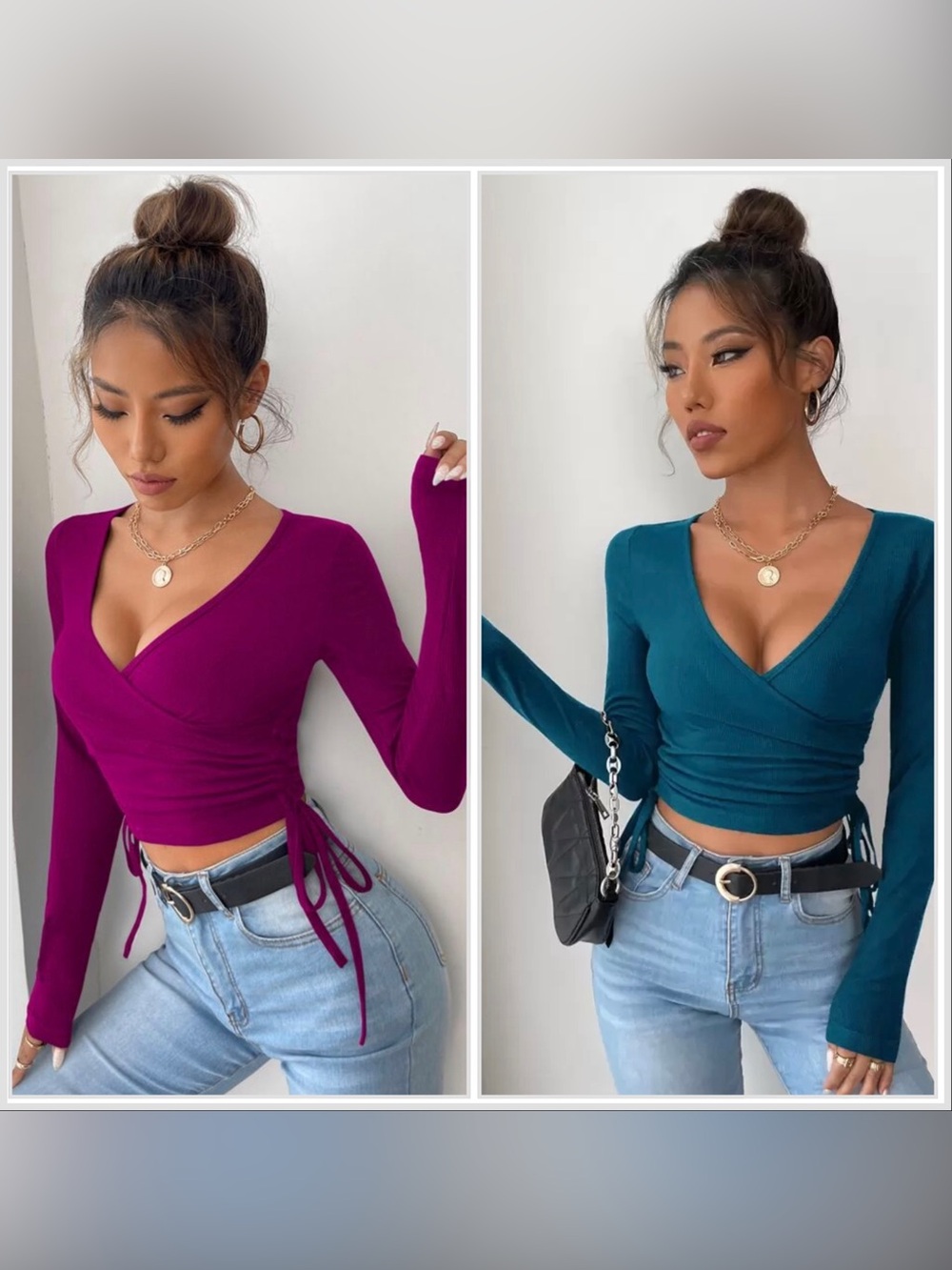 2 SHEIN Wrap Side Tie Long Sleeve Ribbed Crop Tops Red Violet + Teal Blue- Small